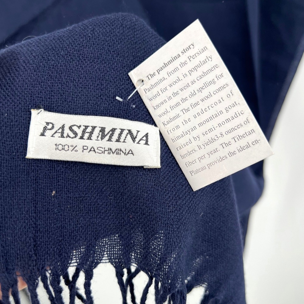 NWT Pashmina Stole Rectangular Scarf Fringed Navy Blue Shawl Cashmere Wool
